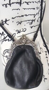 Vtg Rare Brighton One World Mini Mouse Crossbody Black Leather Ornate Kiss Lock